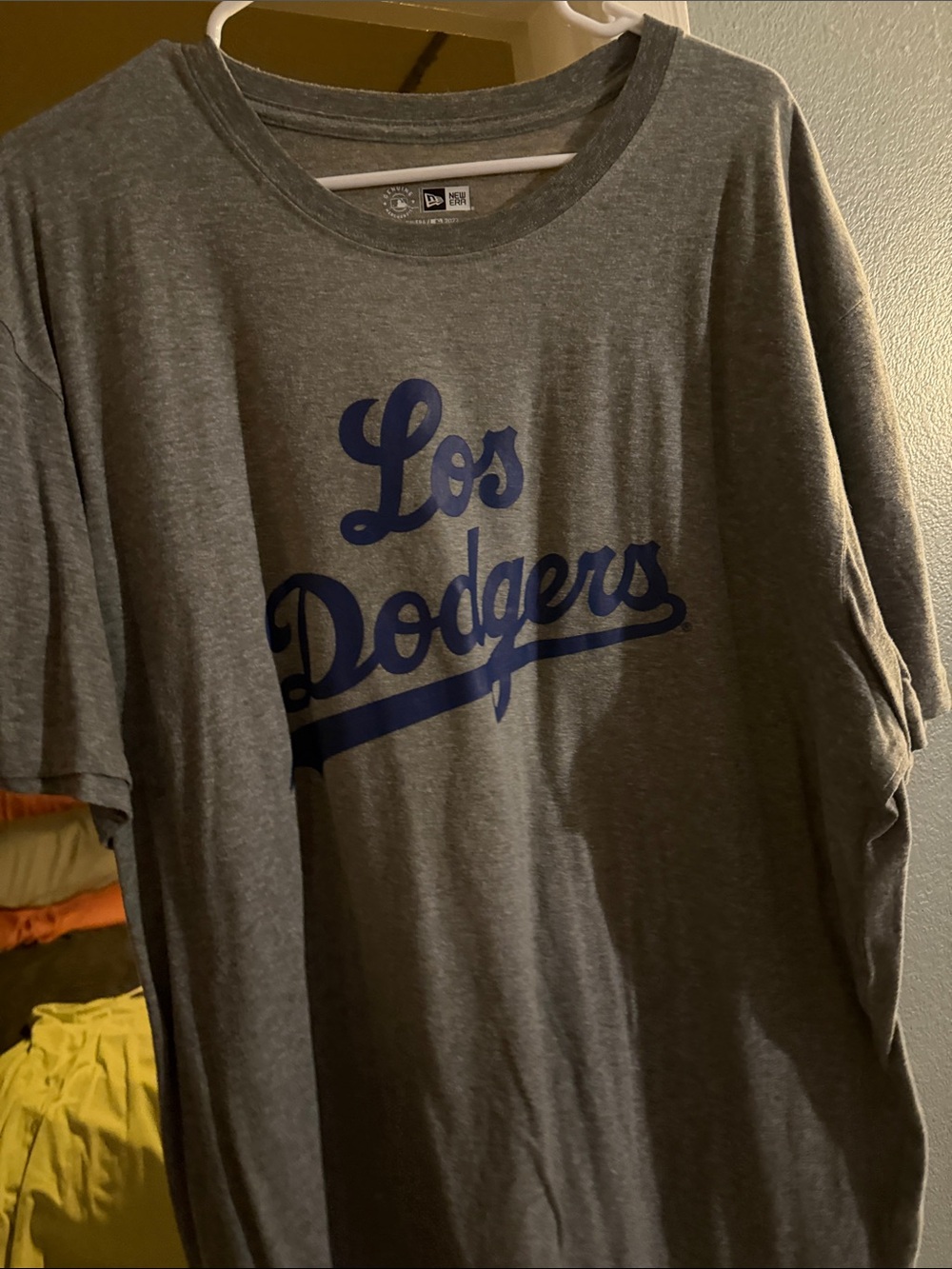 New Era Los Dodgers Gray Tee with Navy Script Logo